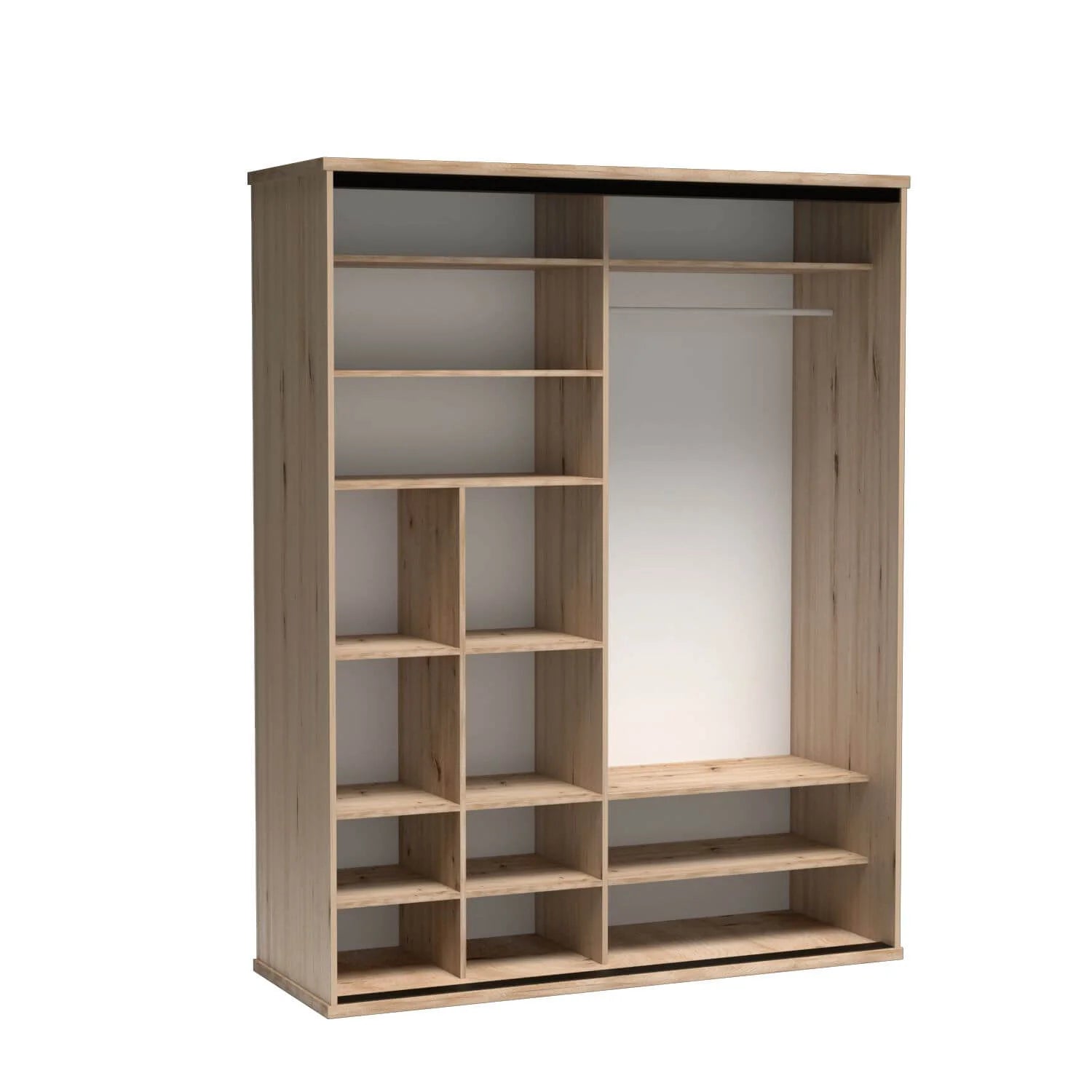 Armoire coulissante moderne avec insert à lattes, touches noires et grand miroir
