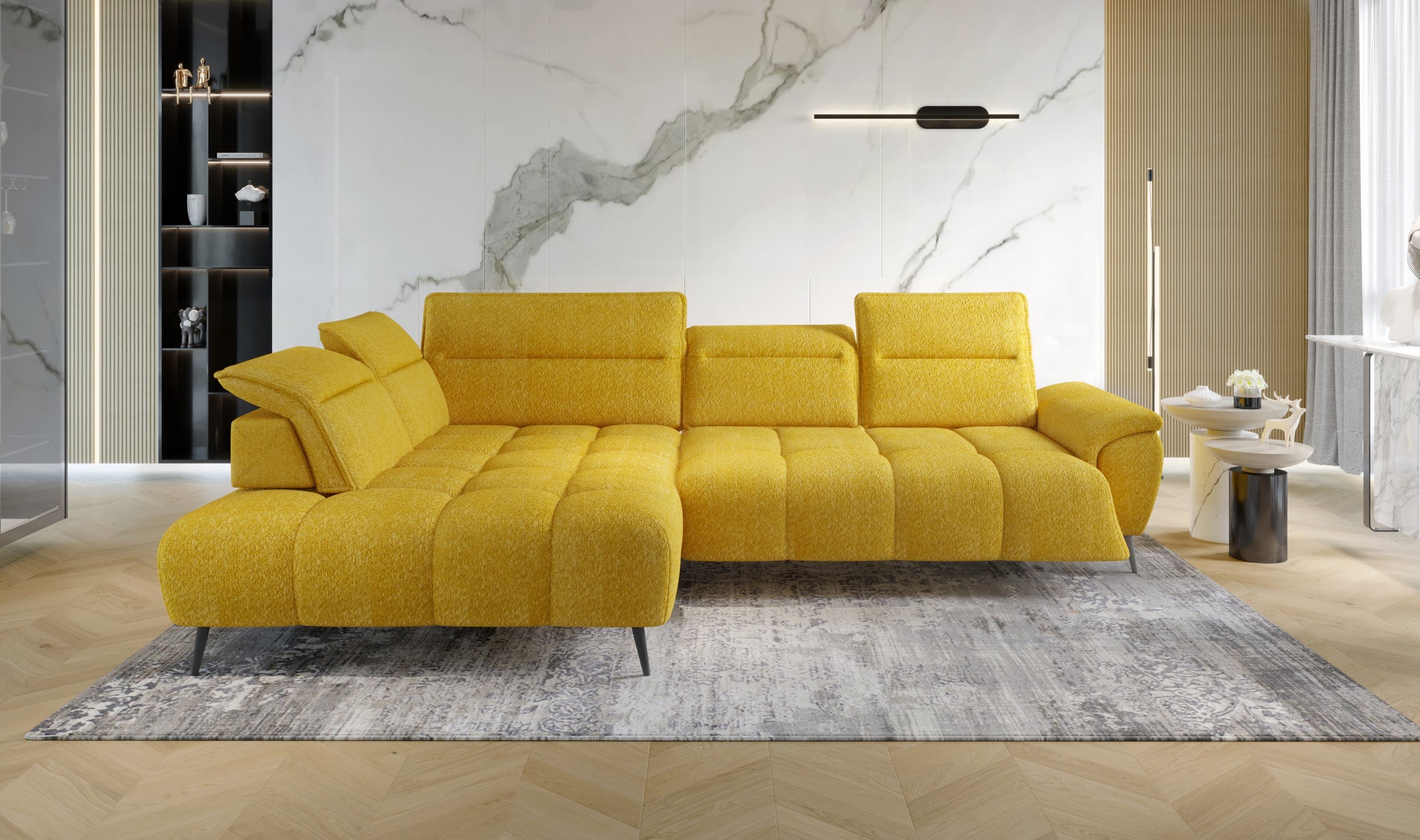 Canapé d’angle – Convertible avec rangement, têtières réglables & design moderne (S, L, XL)
