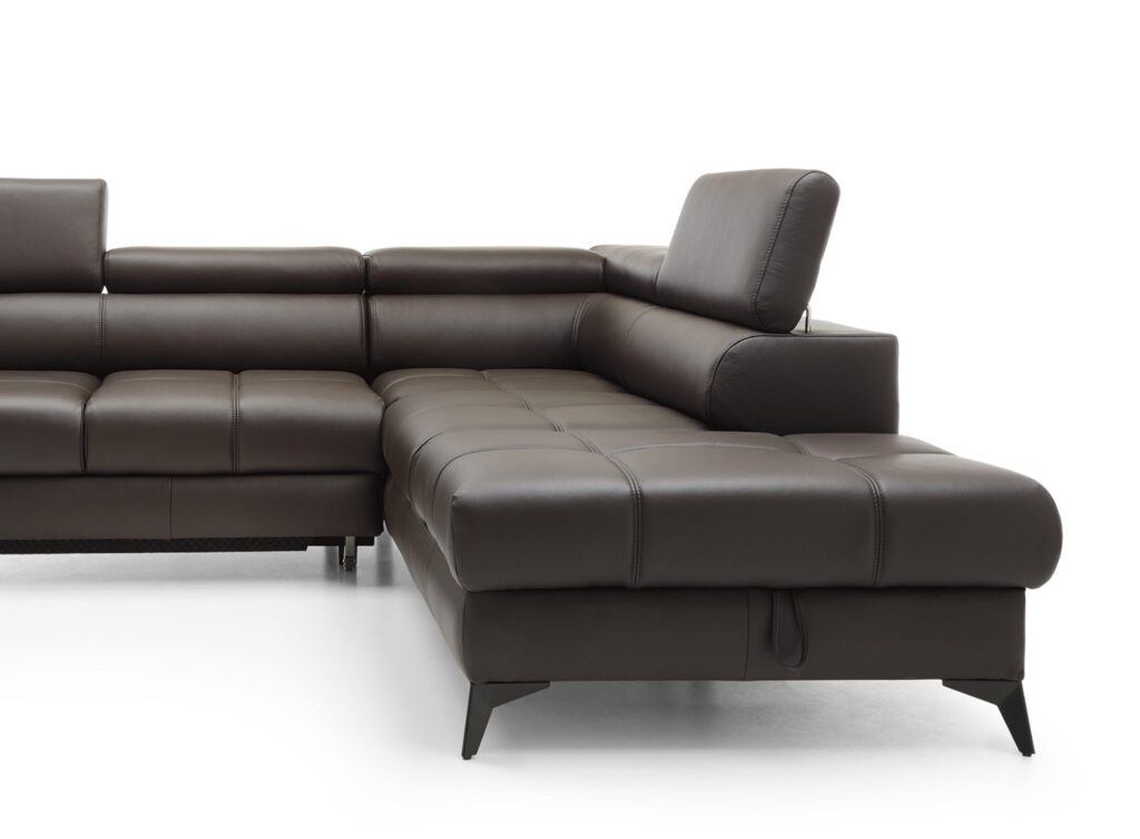 Canapé d’angle en cuir naturel avec couchage et rangement – Élégance & confort haut de gamme