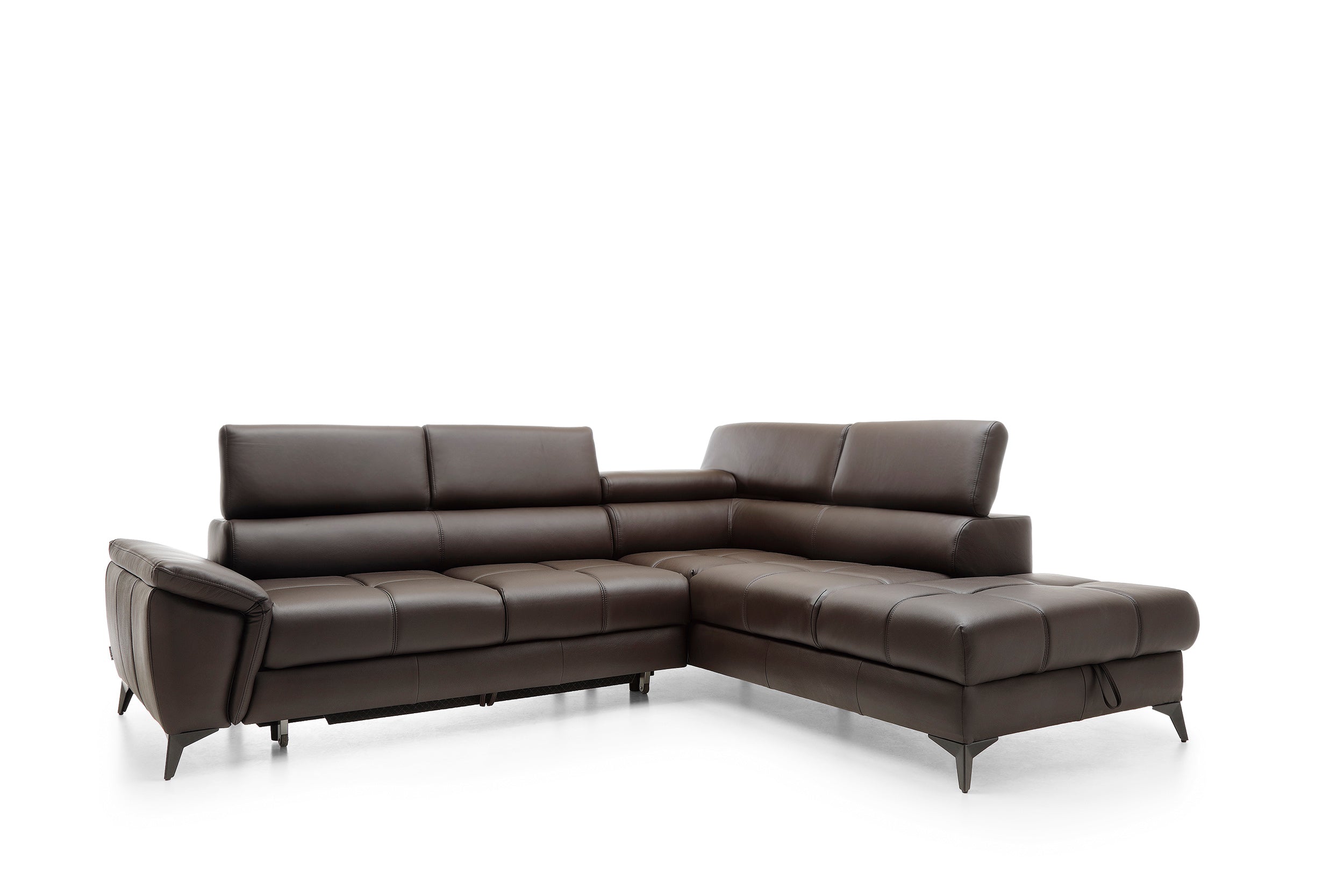 Canapé d’angle en cuir naturel avec couchage et rangement – Élégance & confort haut de gamme