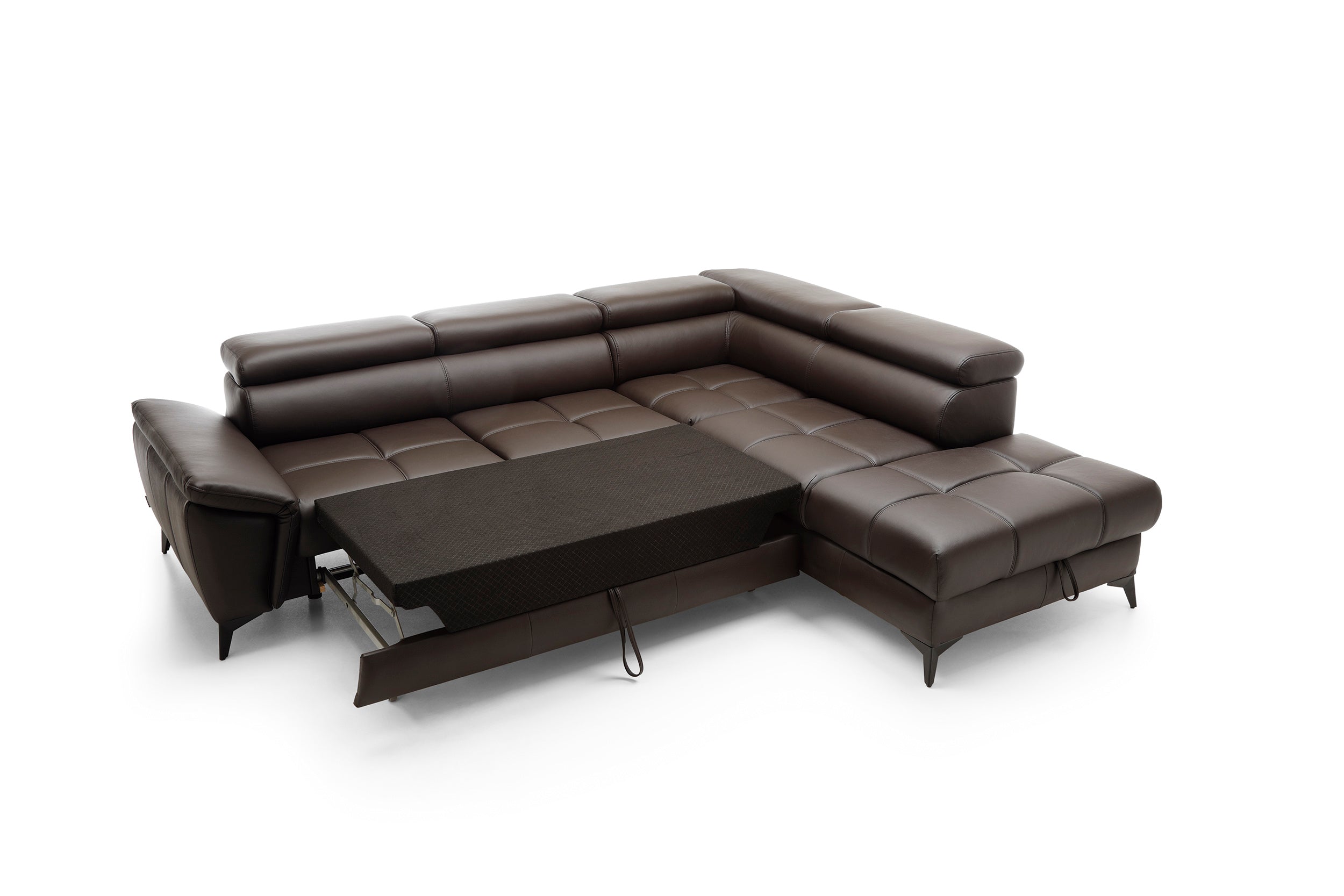 Canapé d’angle en cuir naturel avec couchage et rangement – Élégance & confort haut de gamme