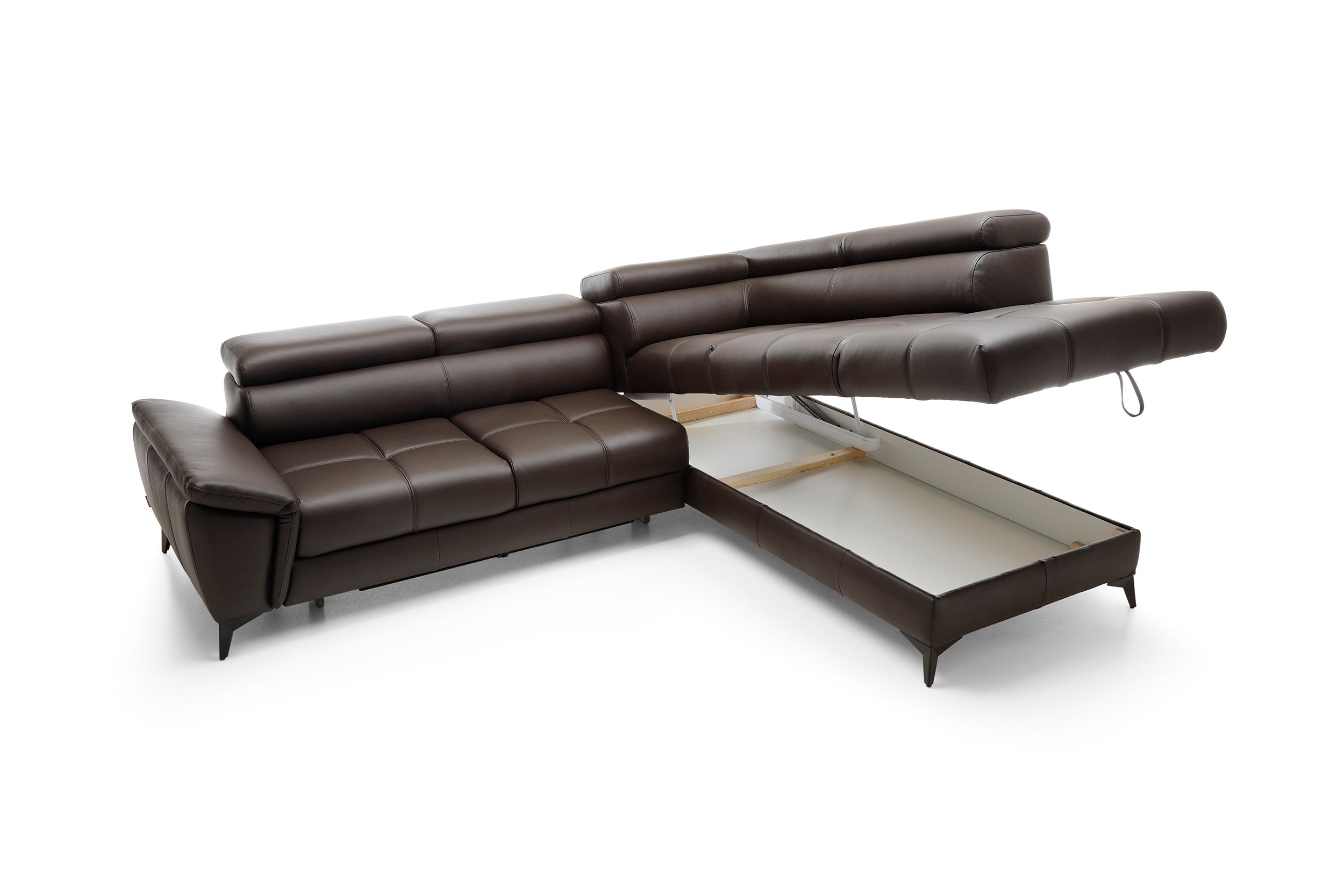Canapé d’angle en cuir naturel avec couchage et rangement – Élégance & confort haut de gamme