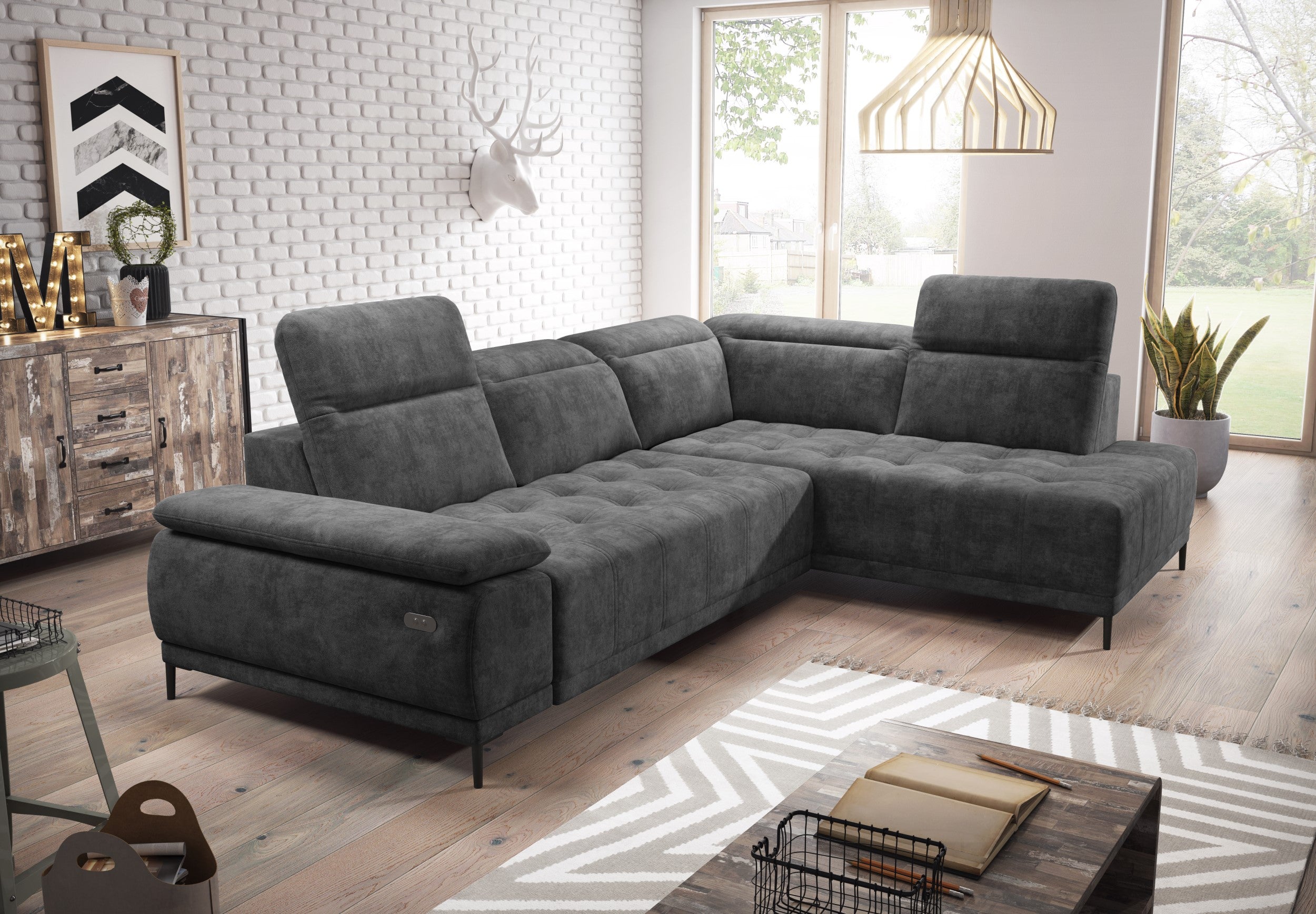 Canapé d'Angle Compact  – Confort Personnalisé avec Appuis-tête réglables et profondeur d'assise modulable électriquement