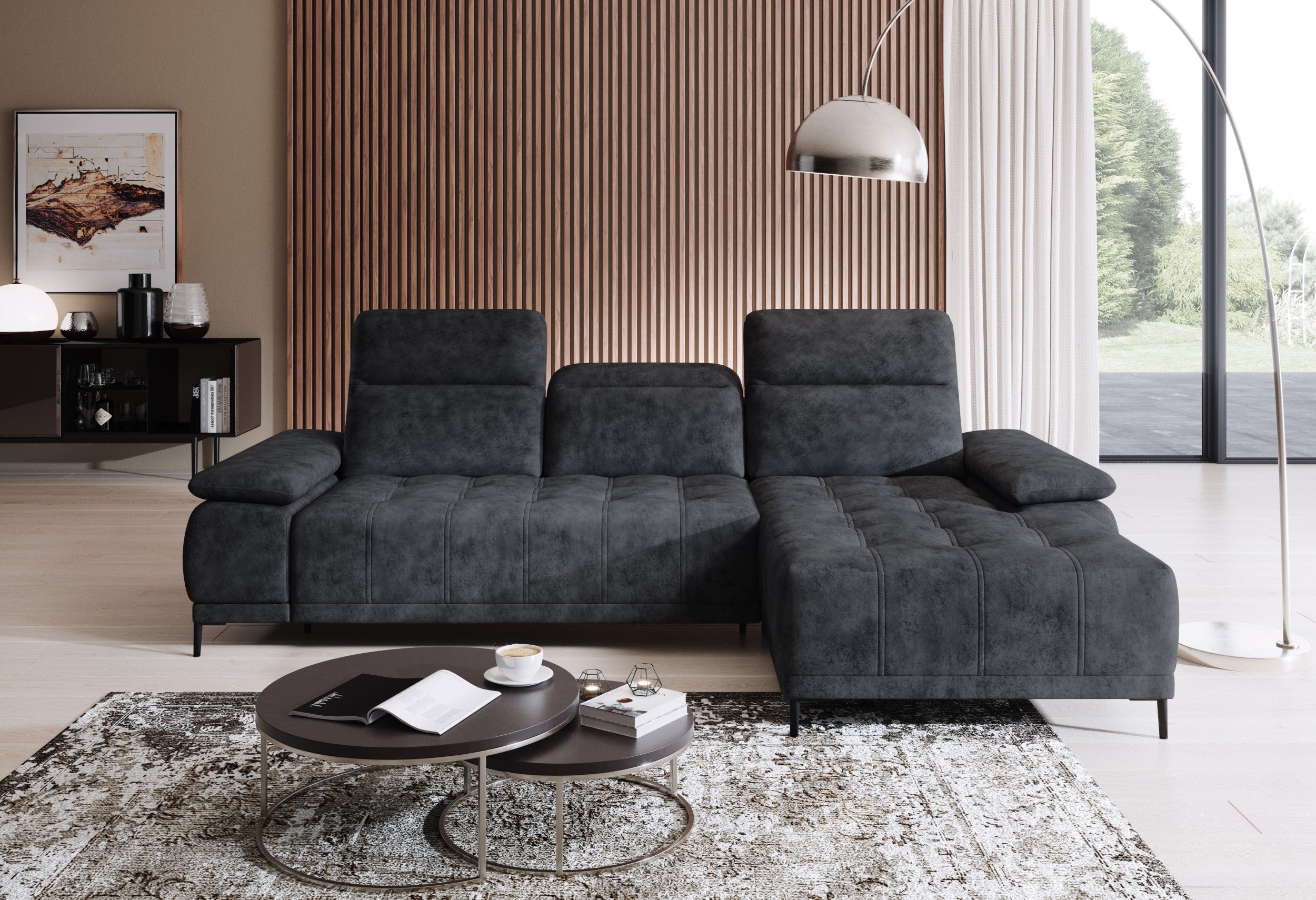 Canapé d'Angle Compact  – Confort Personnalisé avec Appuis-tête réglables et profondeur d'assise modulable électriquement