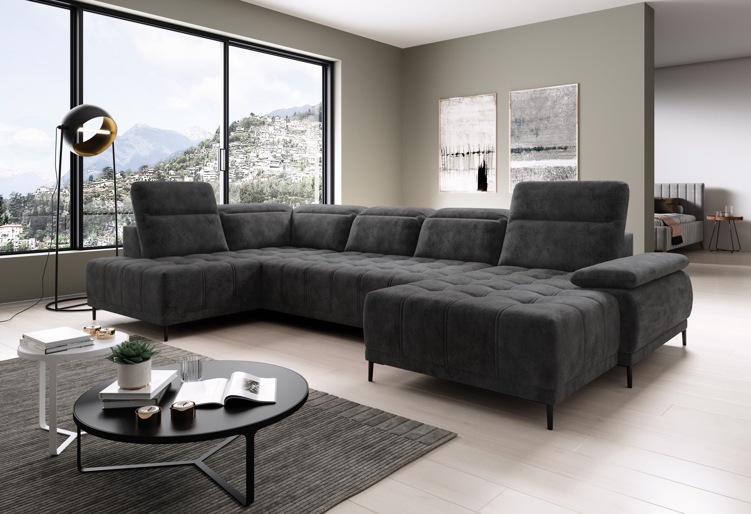Canapé d'Angle Compact  – Confort Personnalisé avec Appuis-tête réglables et profondeur d'assise modulable électriquement