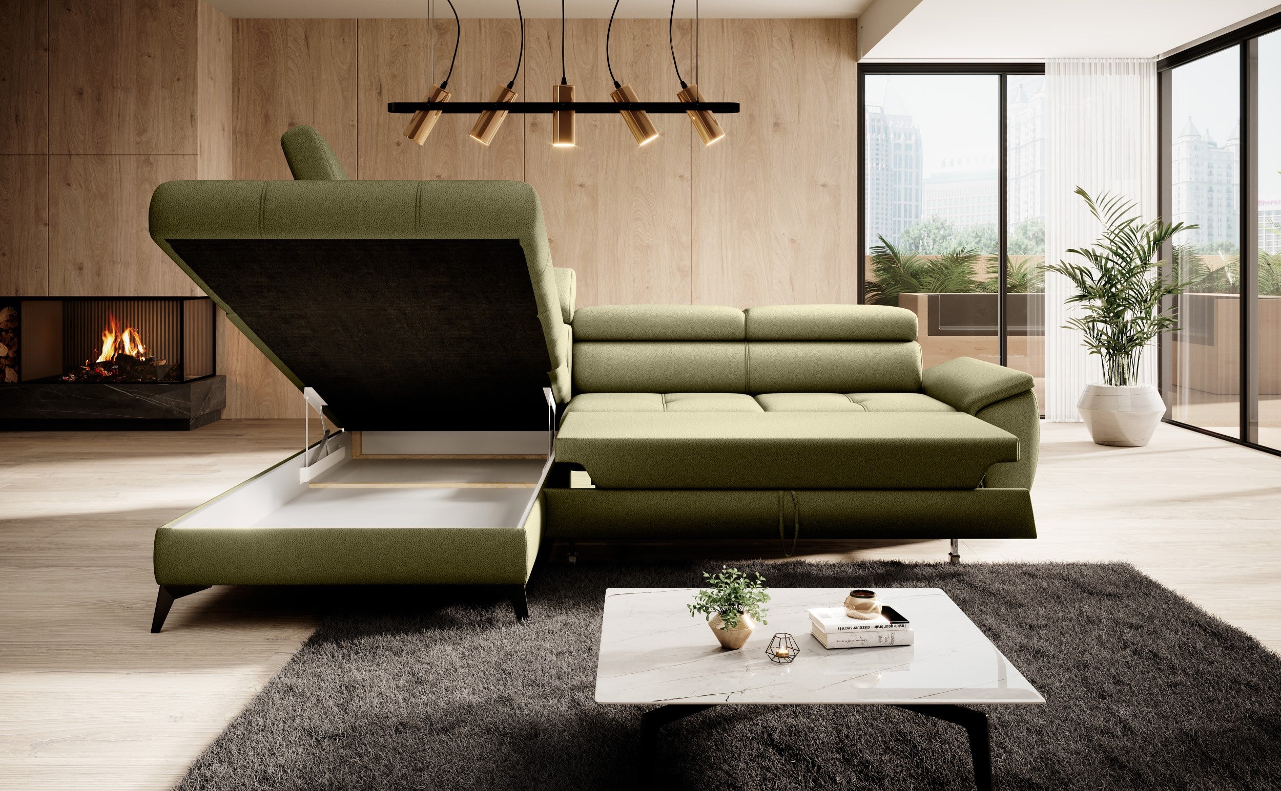 Canapé d’angle en cuir naturel avec couchage et rangement – Élégance & confort haut de gamme