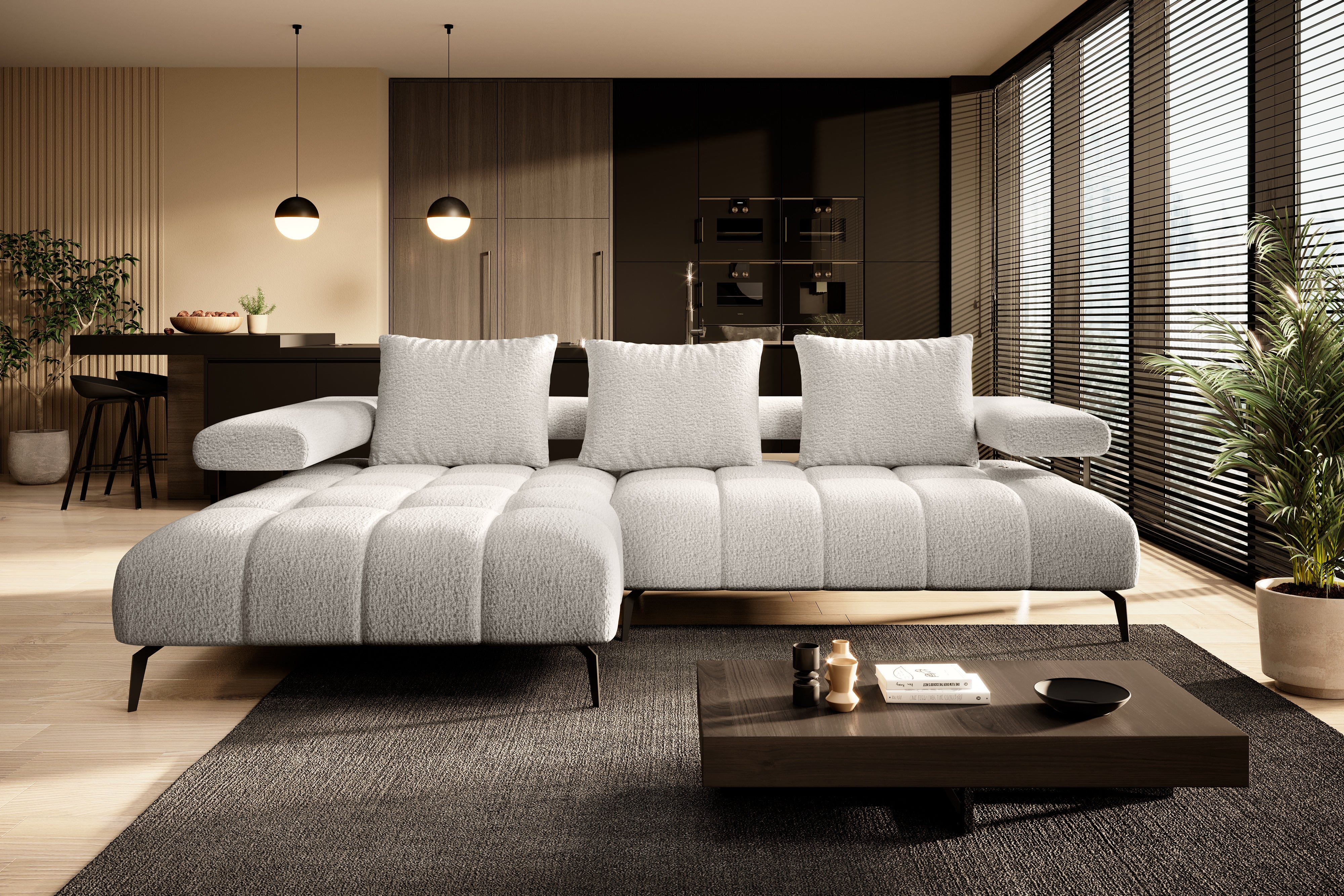 Canapé d’angle moderne avec réglage électrique de la profondeur d’assise