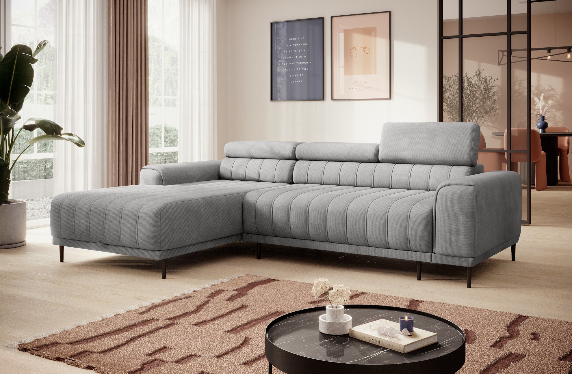 Canapé d’angle – Design moderne, appuis-tête réglables, lit d’appoint & coffre de rangement