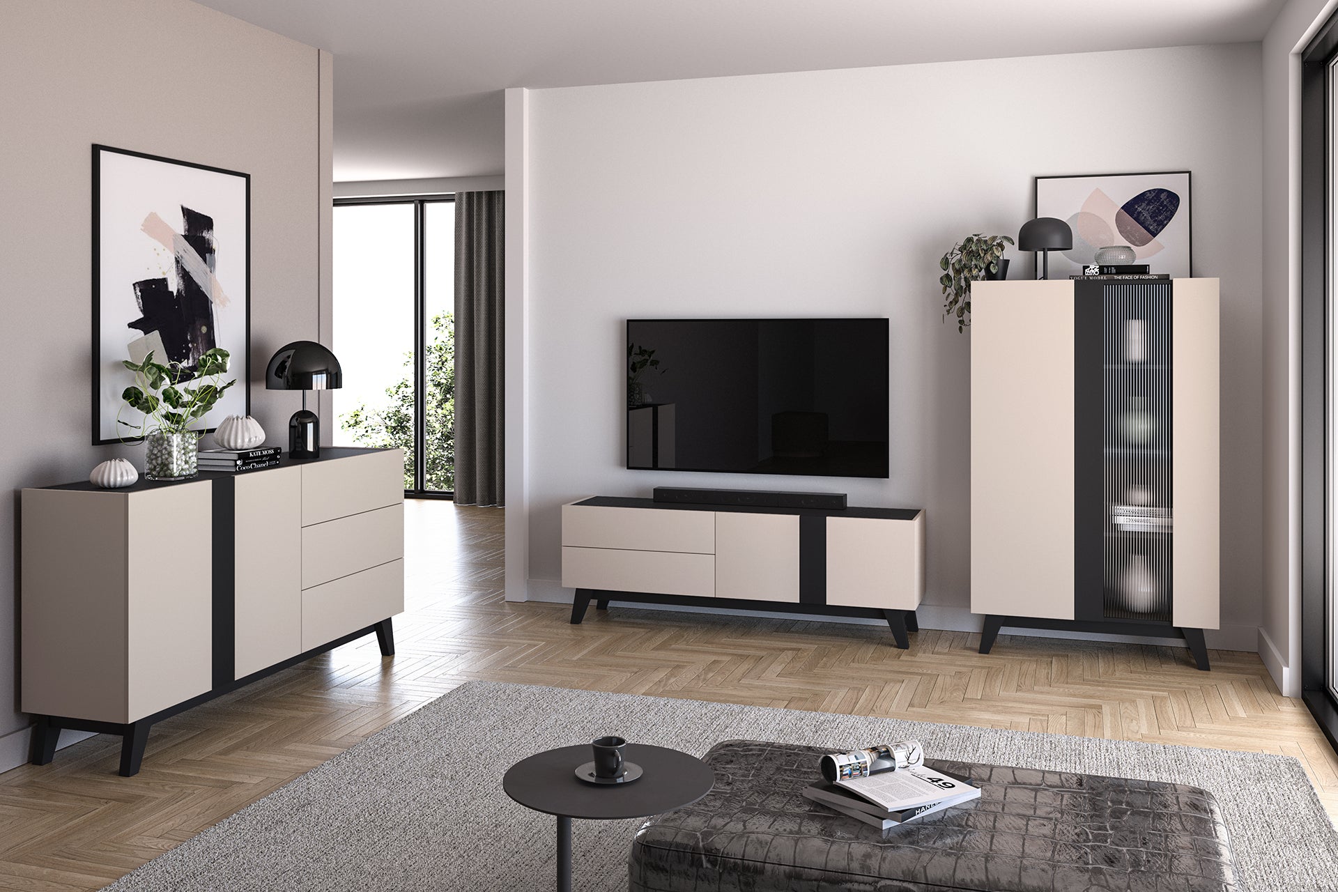Ensemble salon - Collection ÉPURE – 3 Pièces - Cachemire + Noir - Un salon moderne, épuré et fonctionnel