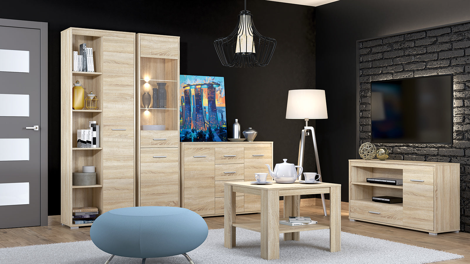 Vitrine Colonne avec Verre Trempé – Éclairage Optionnel – Design Sonoma Clair, Blanc et Anthracite