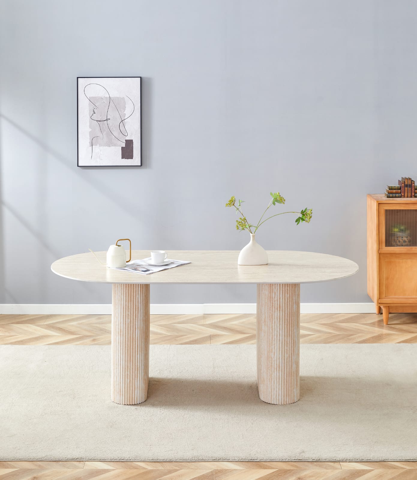 Table à manger – Design pierre naturelle –  Plateau céramique marbre ou travertin – Pied effet travertin ou beige – 160 ou 180 cm