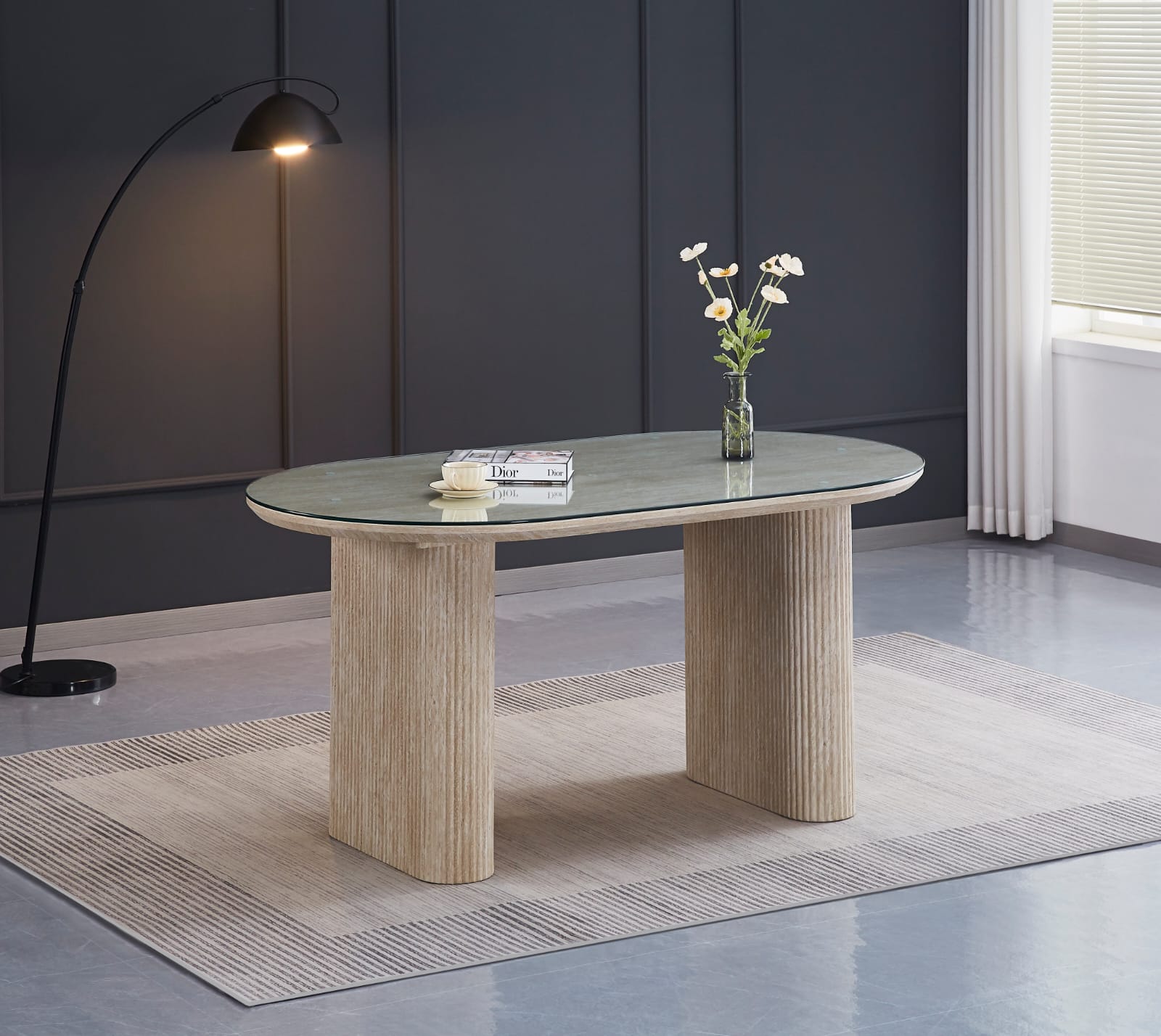 TABLE A MANGER EFFET TRAVERTIN PLATEAU TRANSPARENT 160X90X75
