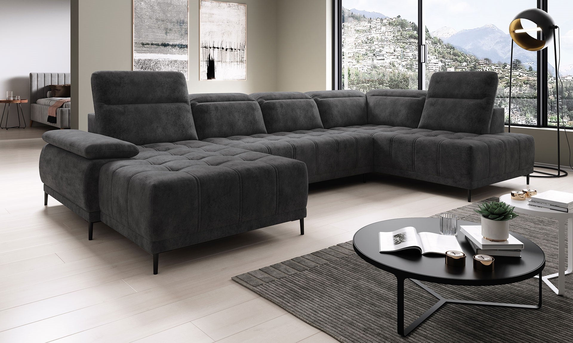 Canapé d'Angle Compact  – Confort Personnalisé avec Appuis-tête réglables et profondeur d'assise modulable électriquement