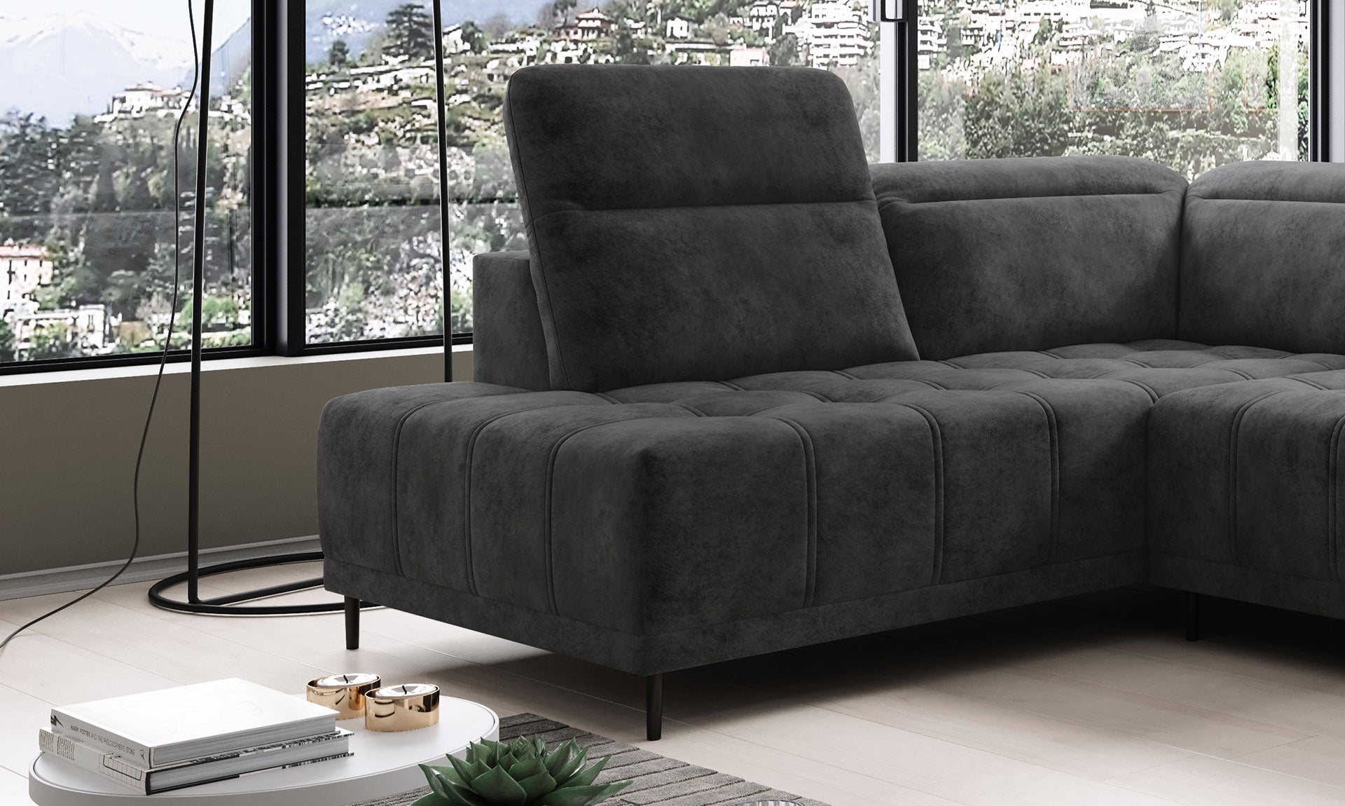 Canapé d'Angle Compact  – Confort Personnalisé avec Appuis-tête réglables et profondeur d'assise modulable électriquement