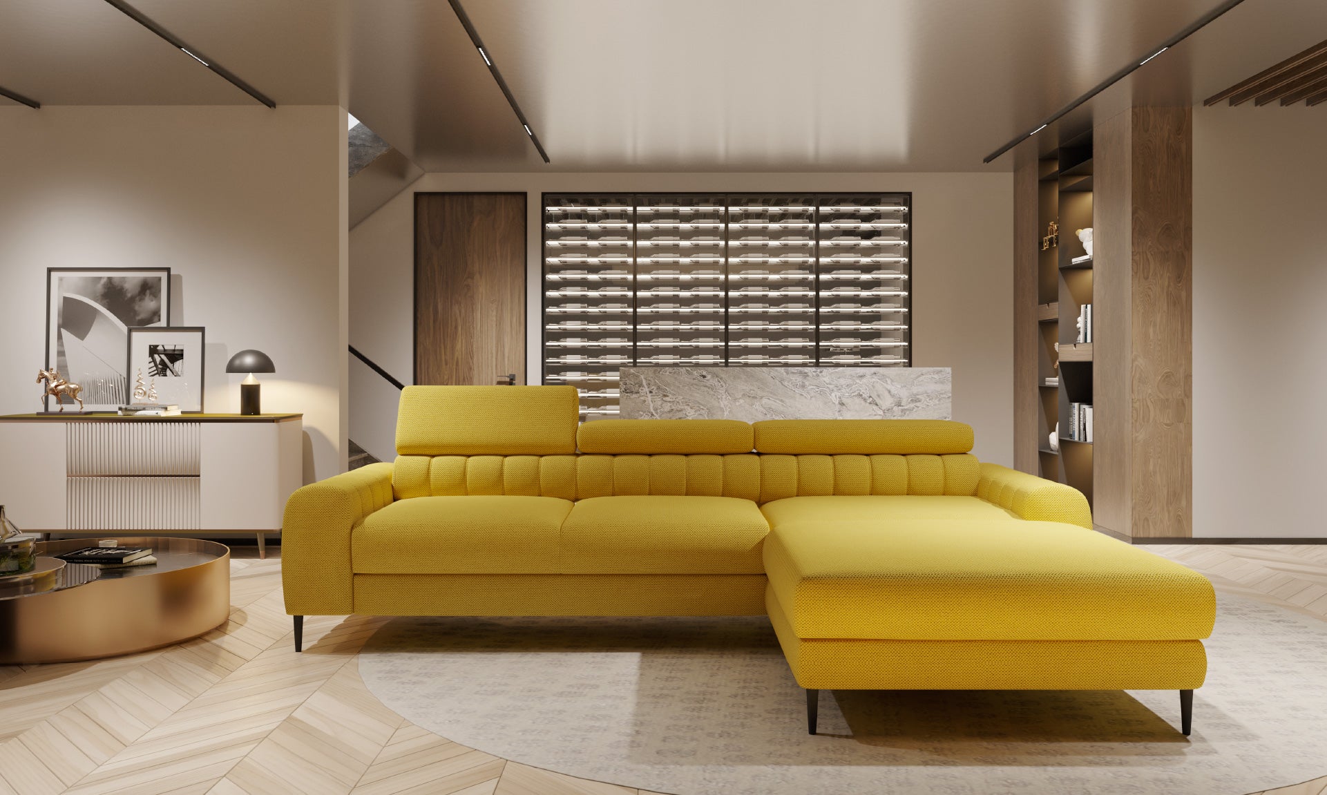 Canapé d’Angle – Compact avec Couchage DELFIN, Coffre de Rangement et Têtières Réglables