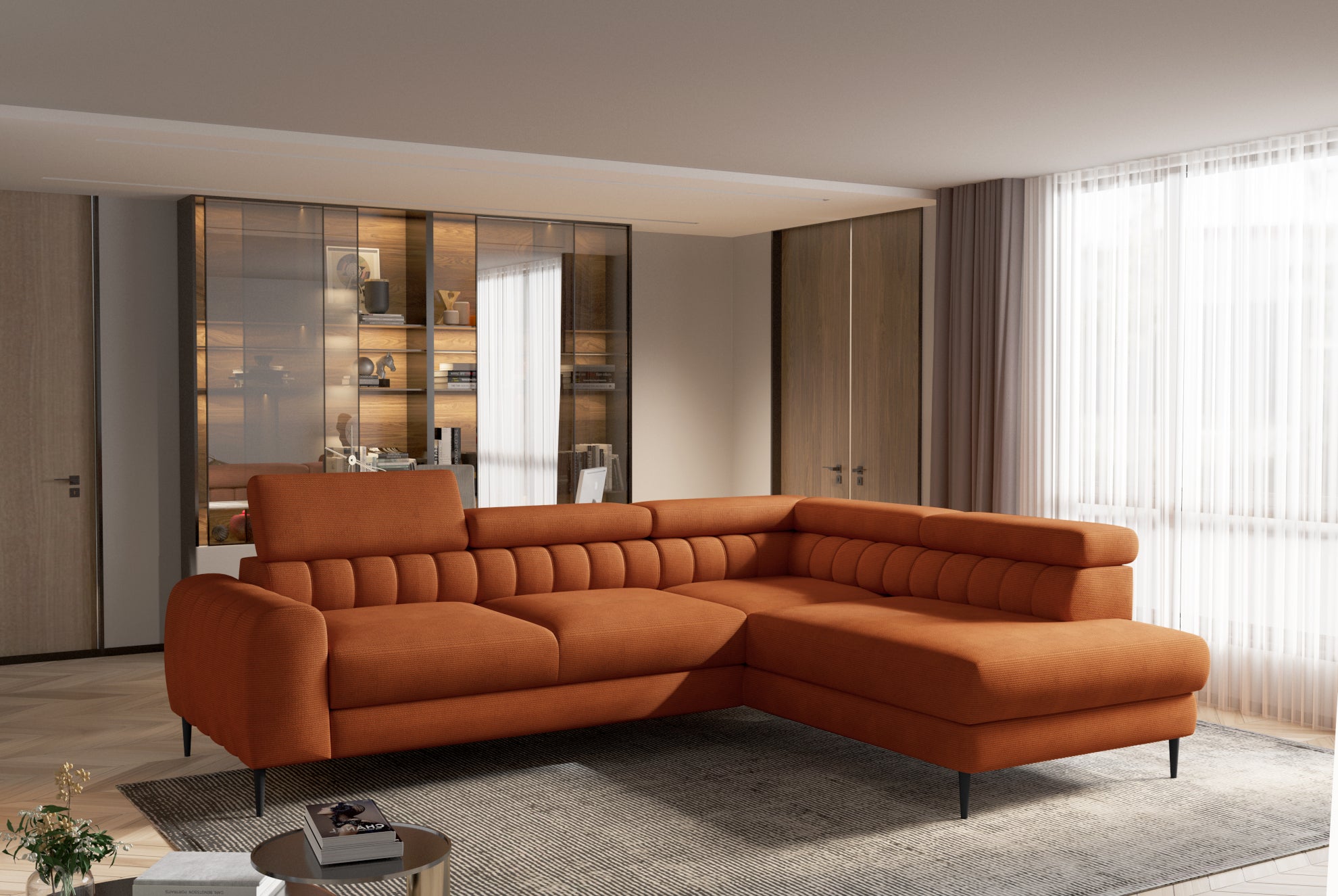 Canapé d’Angle  – Design Moderne, Système de Couchage DELFIN, Coffre de Rangement et Têtières Ajustables | Tissu Haut de Gamme