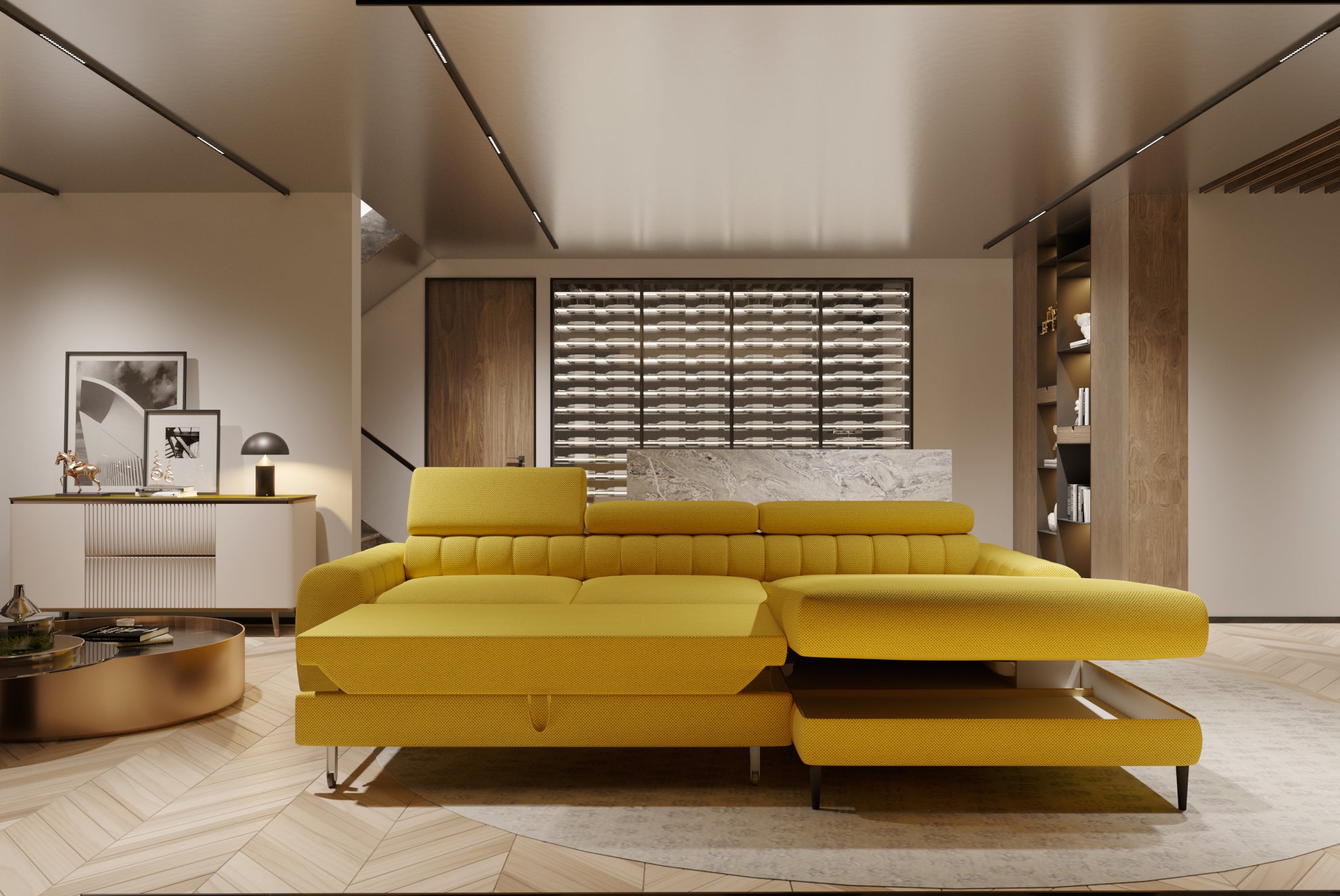 Canapé d’Angle – Compact avec Couchage DELFIN, Coffre de Rangement et Têtières Réglables