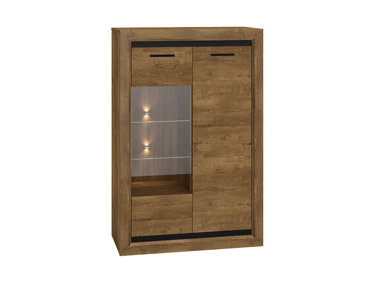 Vitrine Basse en Chêne de Lefkas et Noir – Style Industriel, Fonction Réversible et Éclairage LED en Option