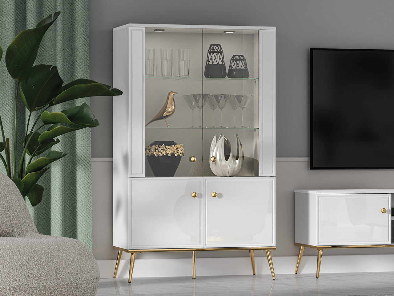 Vitrine Blanc Brillant – Verre Trempé Certifié, Interrupteur Tactile, Bordure ABS et Tiroir à Extension Complète