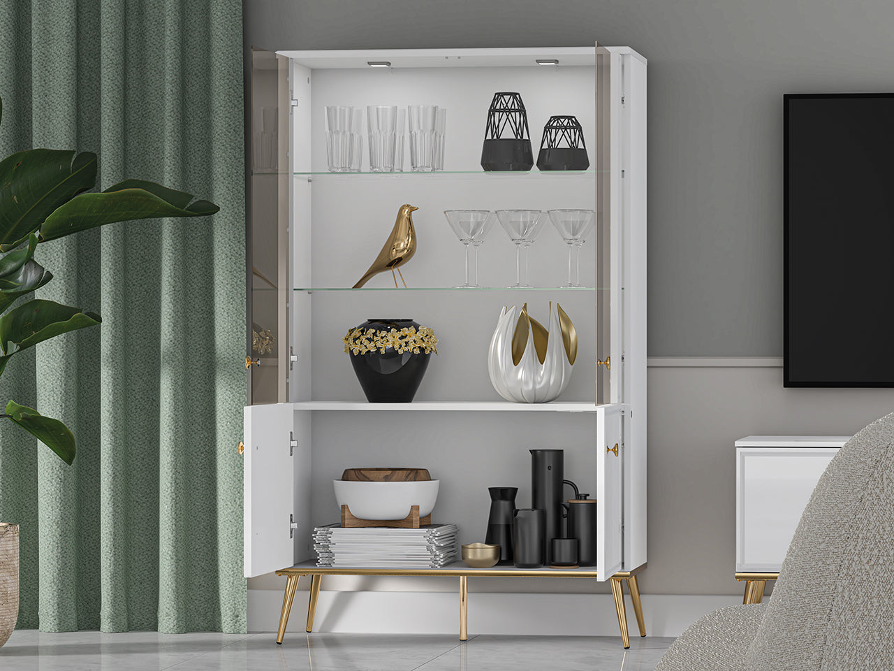 Vitrine Blanc Brillant – Verre Trempé Certifié, Interrupteur Tactile, Bordure ABS et Tiroir à Extension Complète